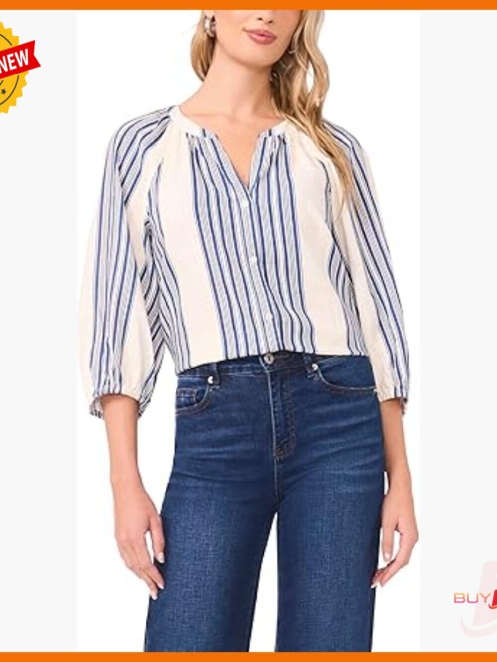 3/4 Sleeve Striped Linen Raglan Button Down Blouse Regular Fit